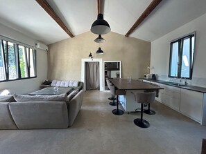 Un grand espace de vie comprenant un canapé, une table à manger et une cuisine dotée d’une grande fenêtre.