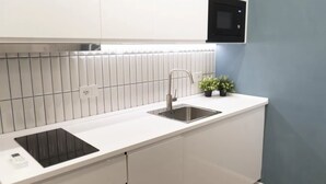 Ett modernt kök med vita skåp, en diskho i rostfritt stål, en svart induktionshäll och en liten krukväxt på bänkskivan.