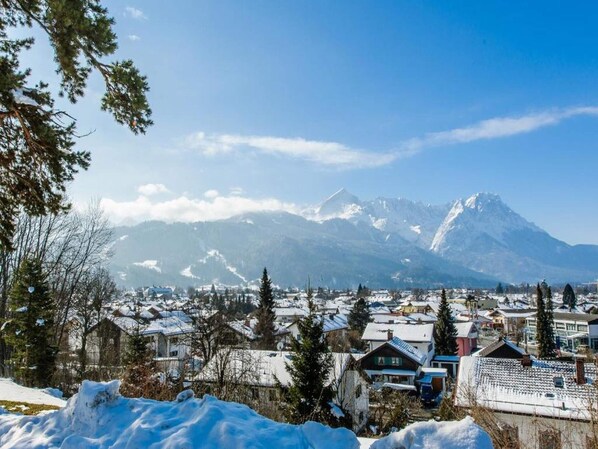 A snow-covered town with houses and a mountain in the background.