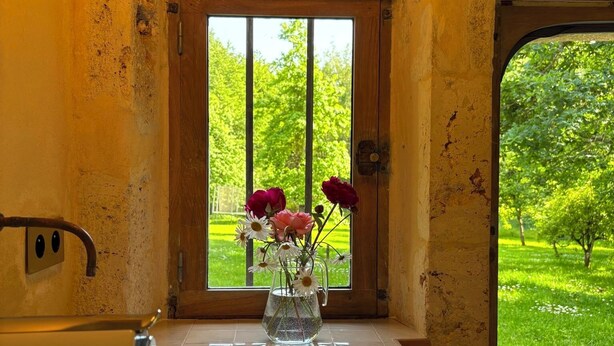 Ein Zimmer mit Fliesenboden, einem Fenster mit Blick auf eine grüne Landschaft und einer Vase mit Blumen auf dem Fensterbrett.