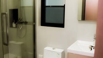 Un baño moderno con ducha envuelta en vidrio, inodoro blanco y lavamanos con espejo superior.