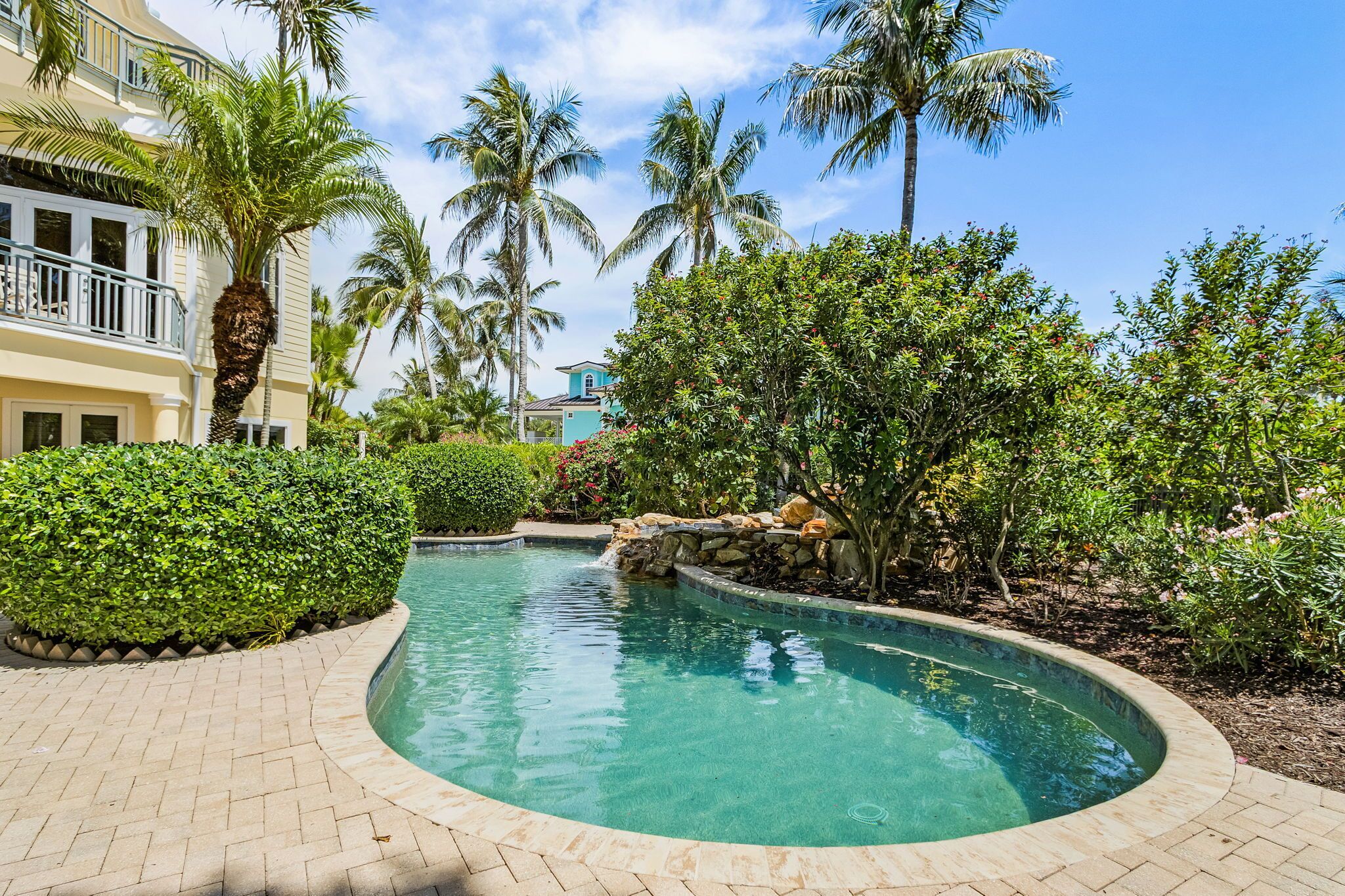 A swimming pool with a curved edge, surrounded by lush greenery and palm trees.