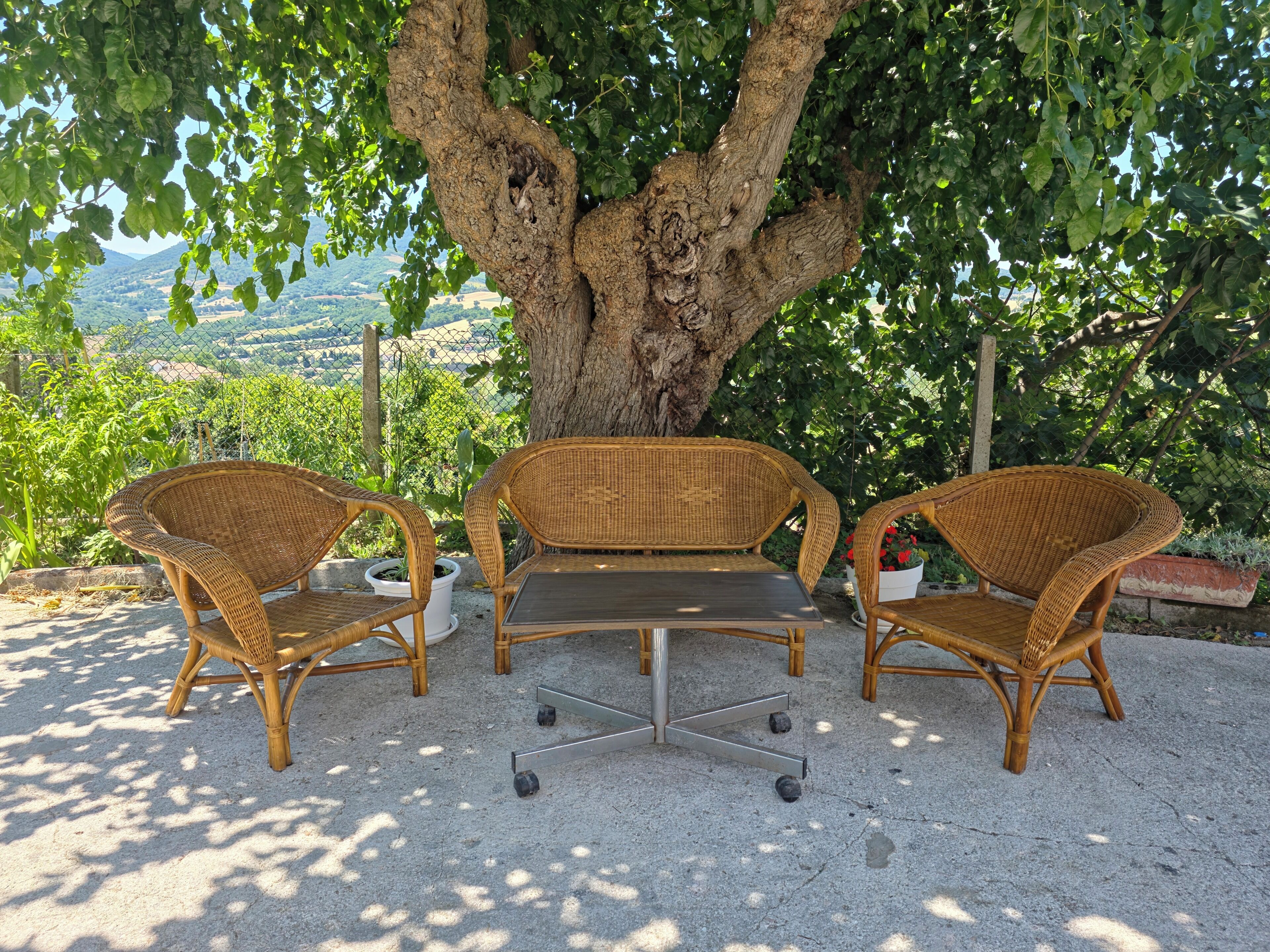 Un conjunto de mesa y sillas de mimbre bajo un árbol grande, con vistas a un paisaje montañoso.