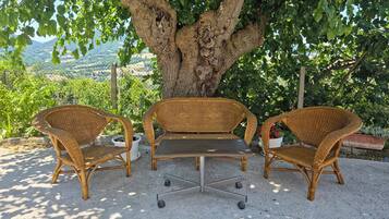 Un conjunto de mesa y sillas de mimbre bajo un árbol grande, con vistas a un paisaje montañoso.