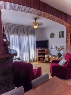 A cozy living room with a wooden ceiling, a television, a bookshelf, and a red armchair. - Your home in the Ebro Delta. Perfect for FAMILIES!! (L'Aldea)