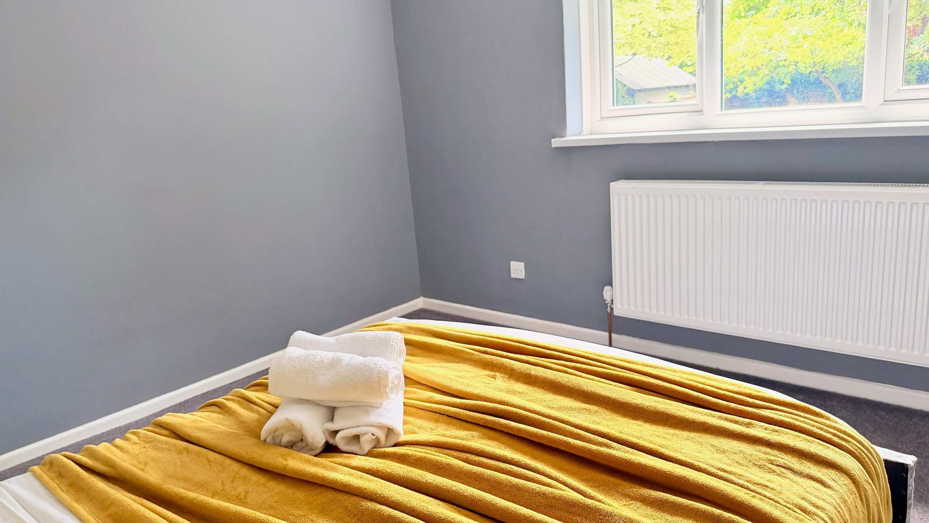 A room with a bed, a window, and a radiator.