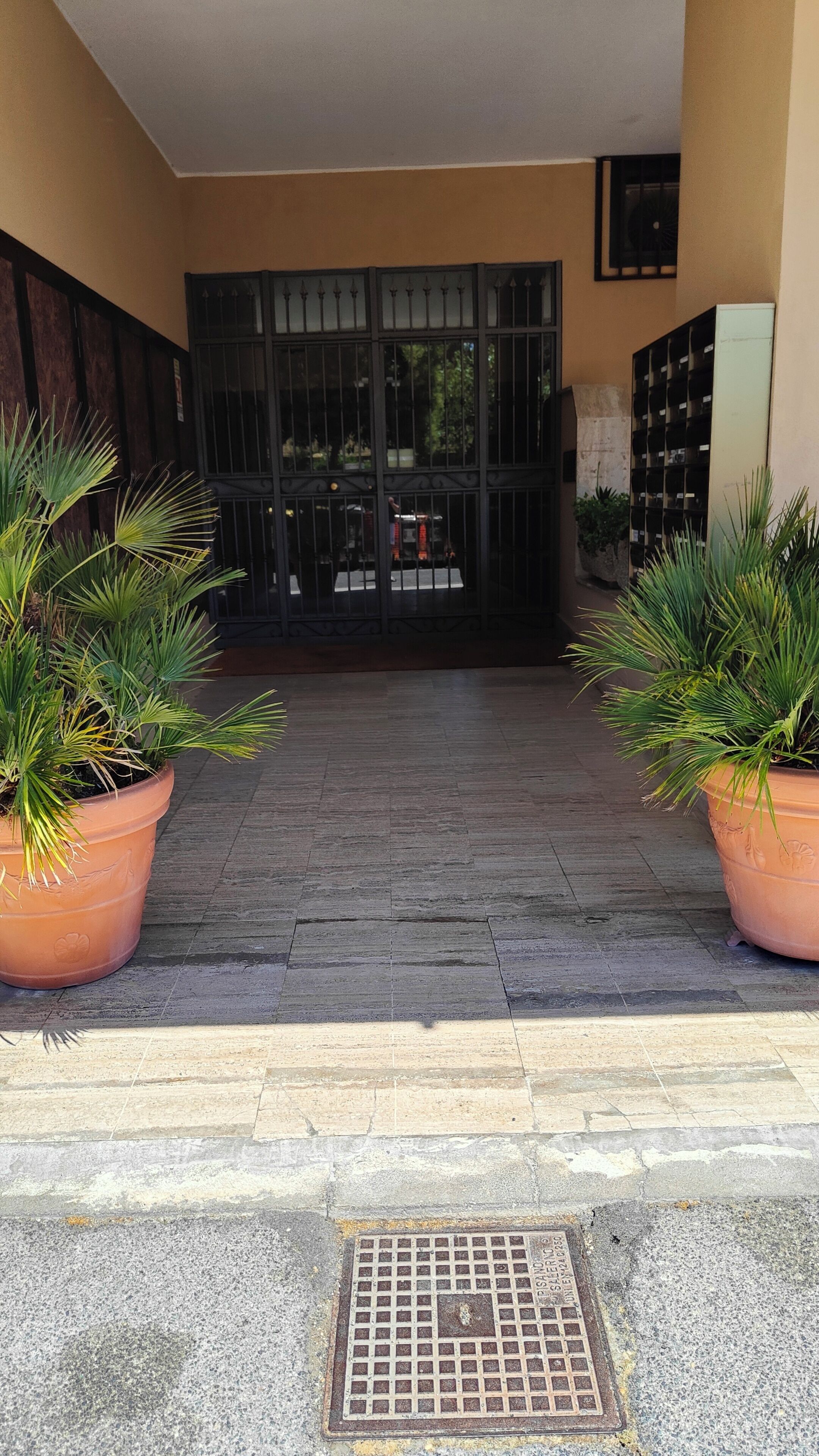 A building entrance with a metal gate, potted plants, and a tiled floor.