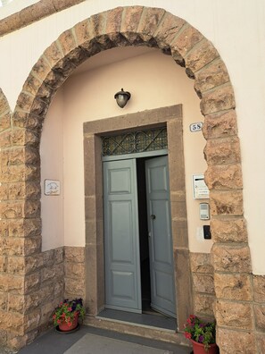 Une entrée d’immeuble avec une arche en pierre, une porte à deux battants, une boîte aux lettres et un pot de fleurs.