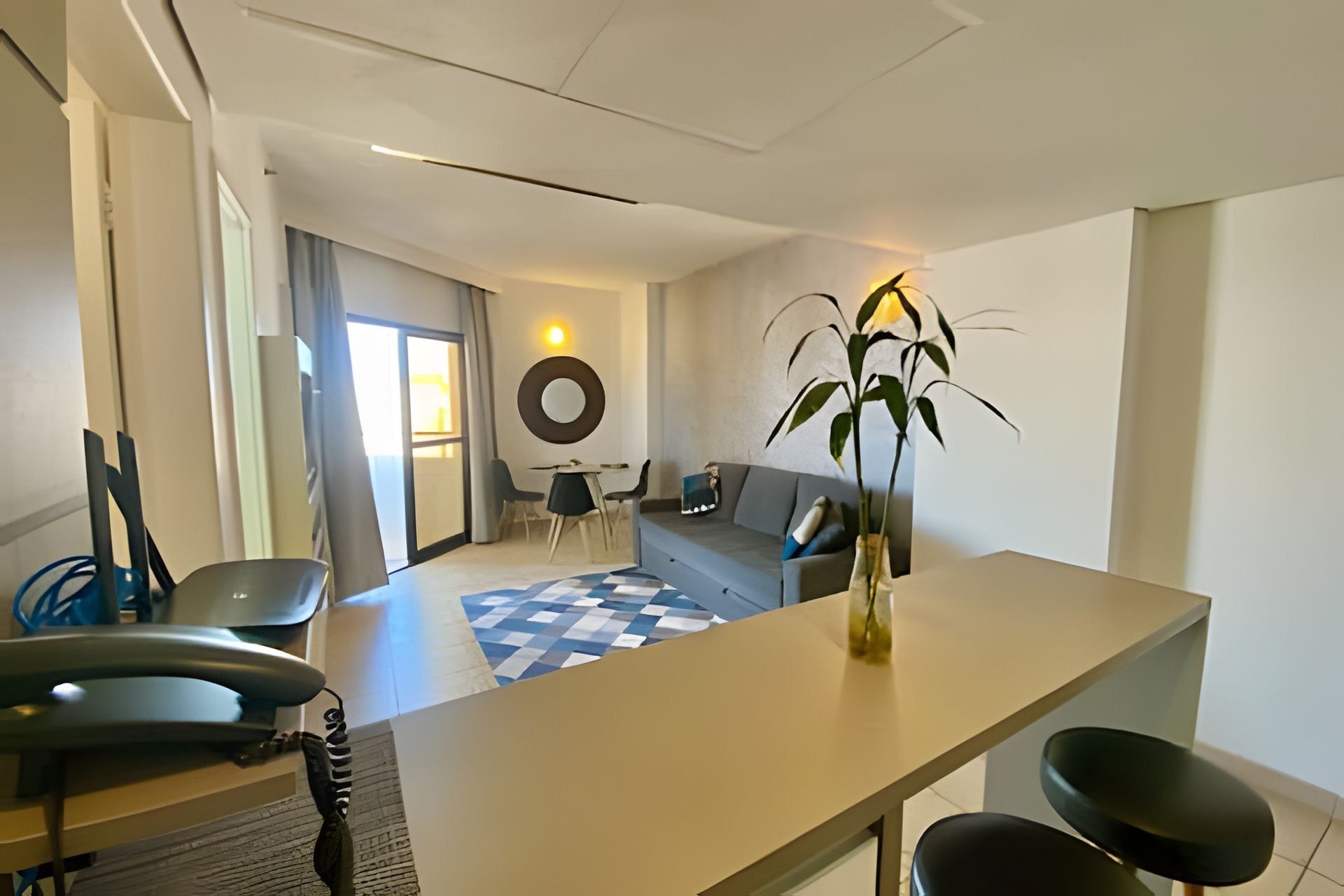 Una sala de estar moderna con un sofá, una mesa de comedor y una planta grande.