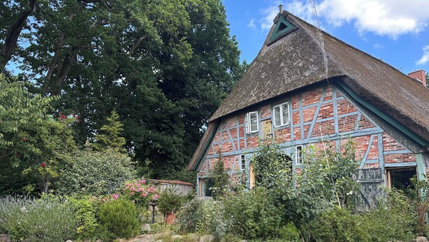 Una casa tradizionale a graticcio con tetto di paglia, circondata da un giardino con diverse piante e fiori.