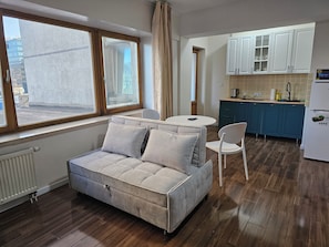 A compact living space with a sofa, a dining table, and a kitchen area.