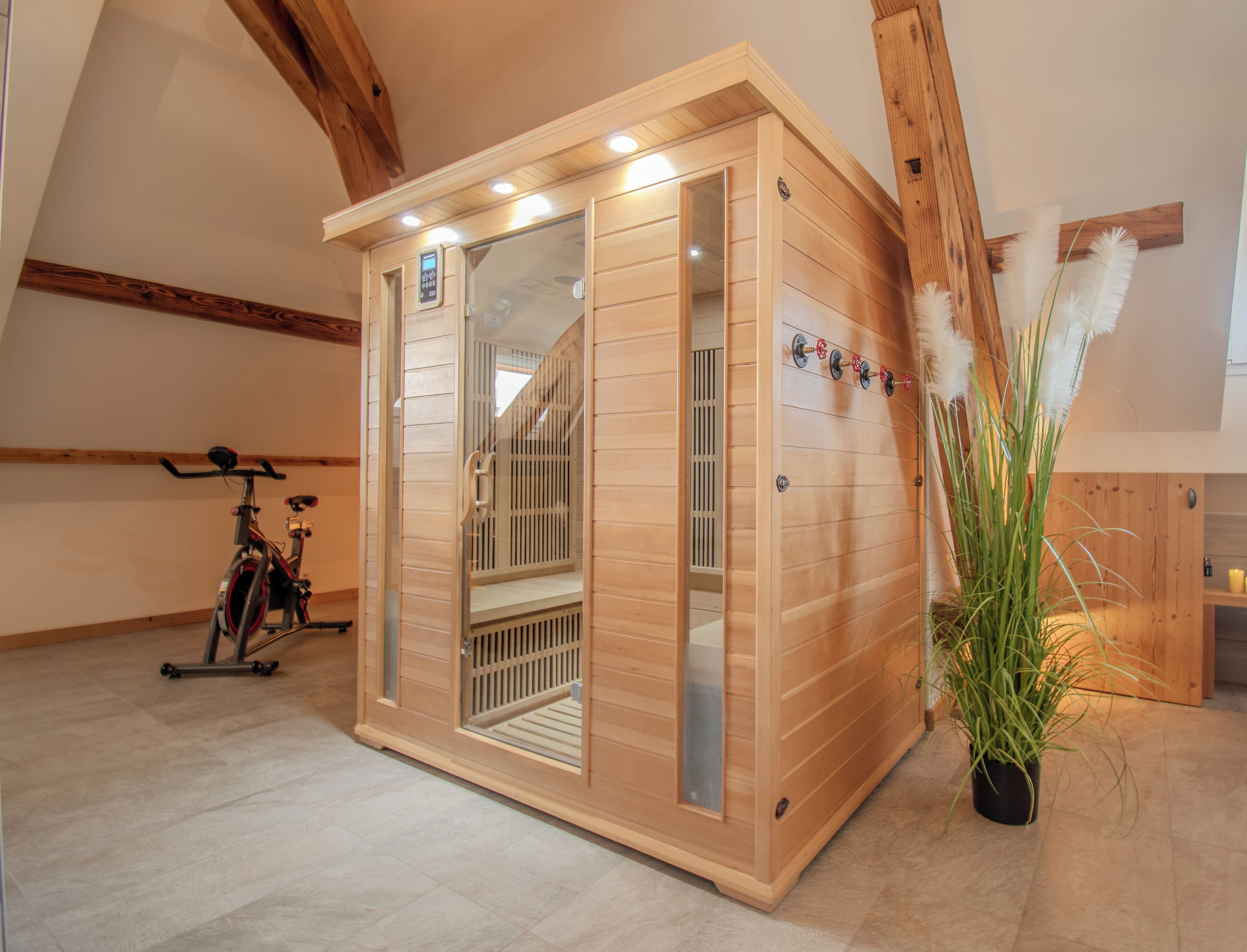 A sauna with wooden walls and a glass door, a bicycle, and a potted plant in a room with wooden beams and a tiled floor.