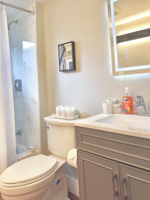 Secadora de cabello, toallas, jabón, papel de baño 