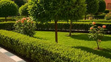 A landscaped garden with neatly trimmed hedges, a variety of trees, and a building with balconies in the background.