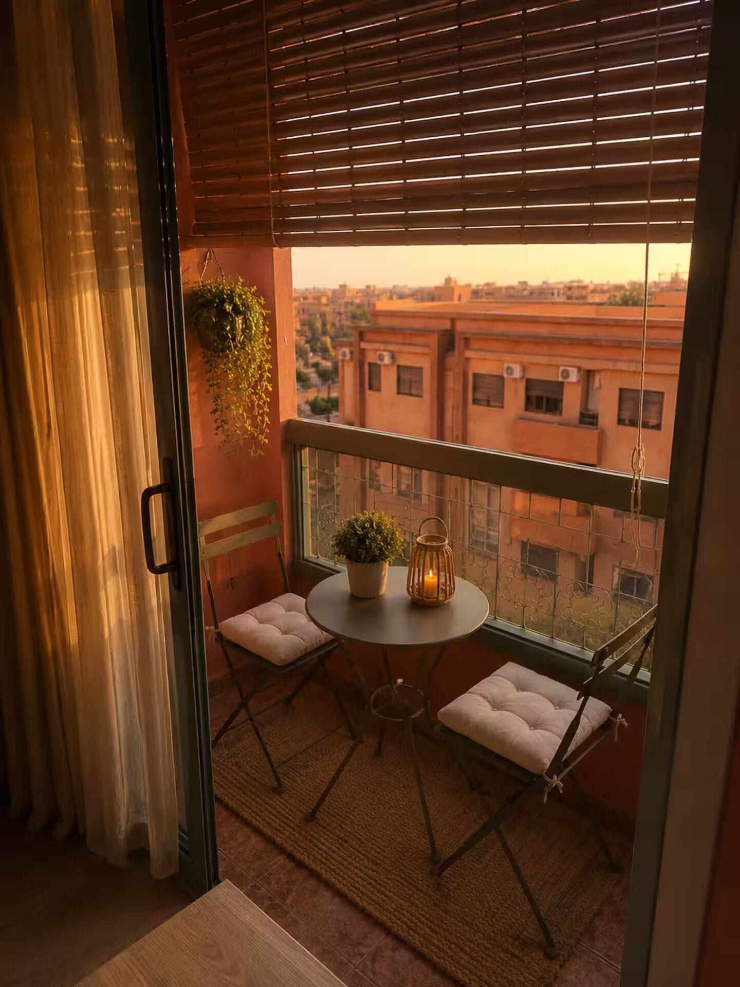 A balcony with a table, two chairs, a hanging plant, and a view of buildings.