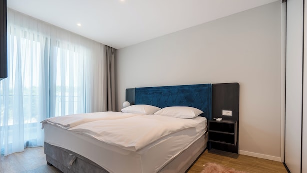 Un dormitorio moderno con una cama grande, un cabecero, una mesita de noche y una alfombra mullida.
