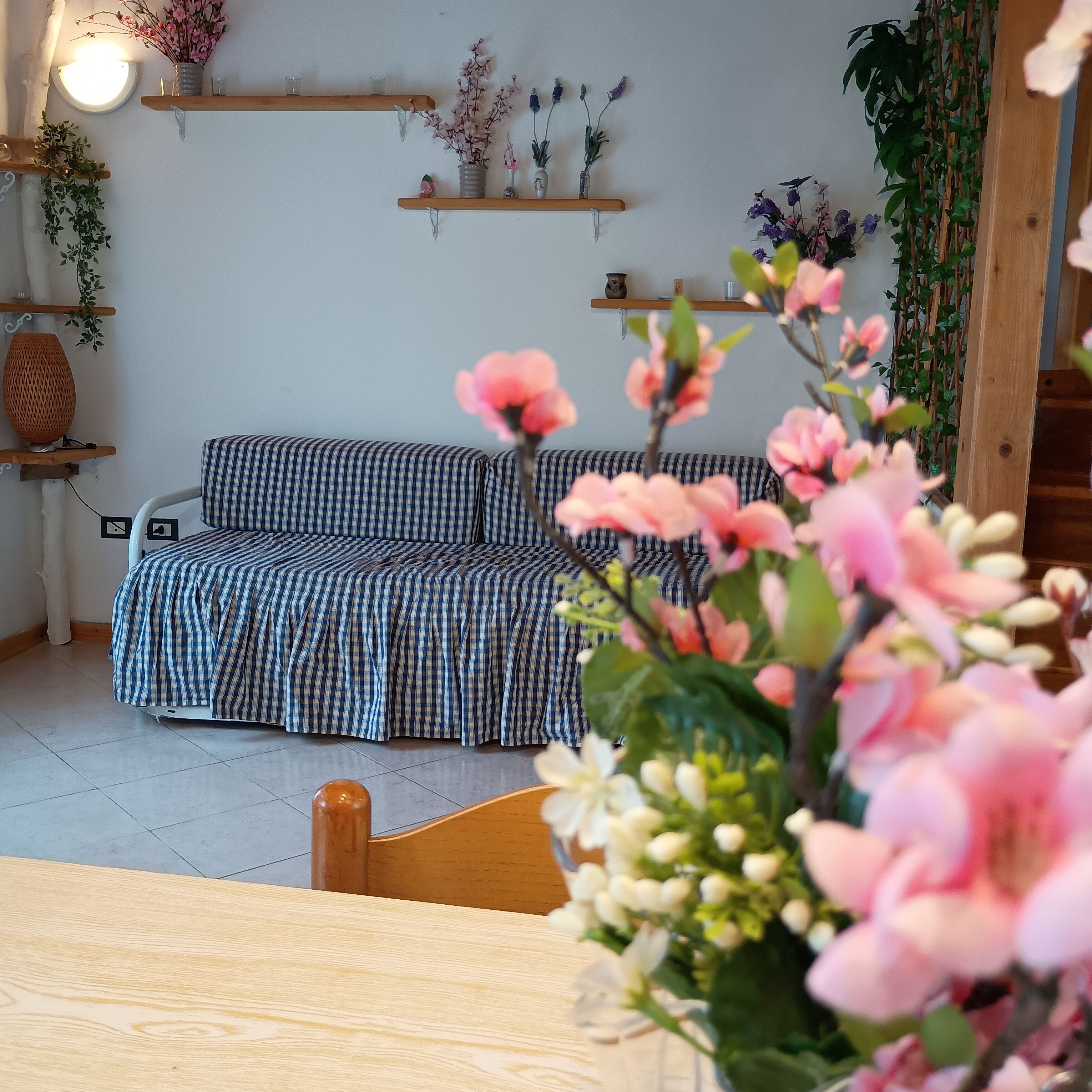 Une pièce avec un canapé à motifs à carreaux, une table en bois et des étagères ornées de plantes et d’objets décoratifs.