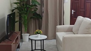 Een woonkamer met een bank, een klein rond tafeltje met een plant, een tv-meubel en een deur.