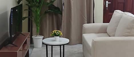 Una sala de estar con un sofá, una mesita redonda con una planta, un mueble para televisión y una puerta.