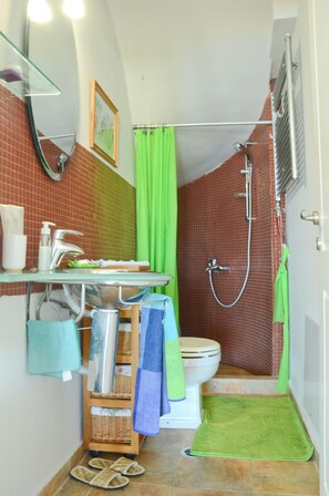Douche, sèche-cheveux, serviettes fournies, savon
