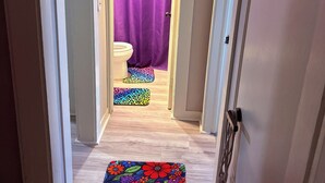Hair dryer, towels, soap, toilet paper