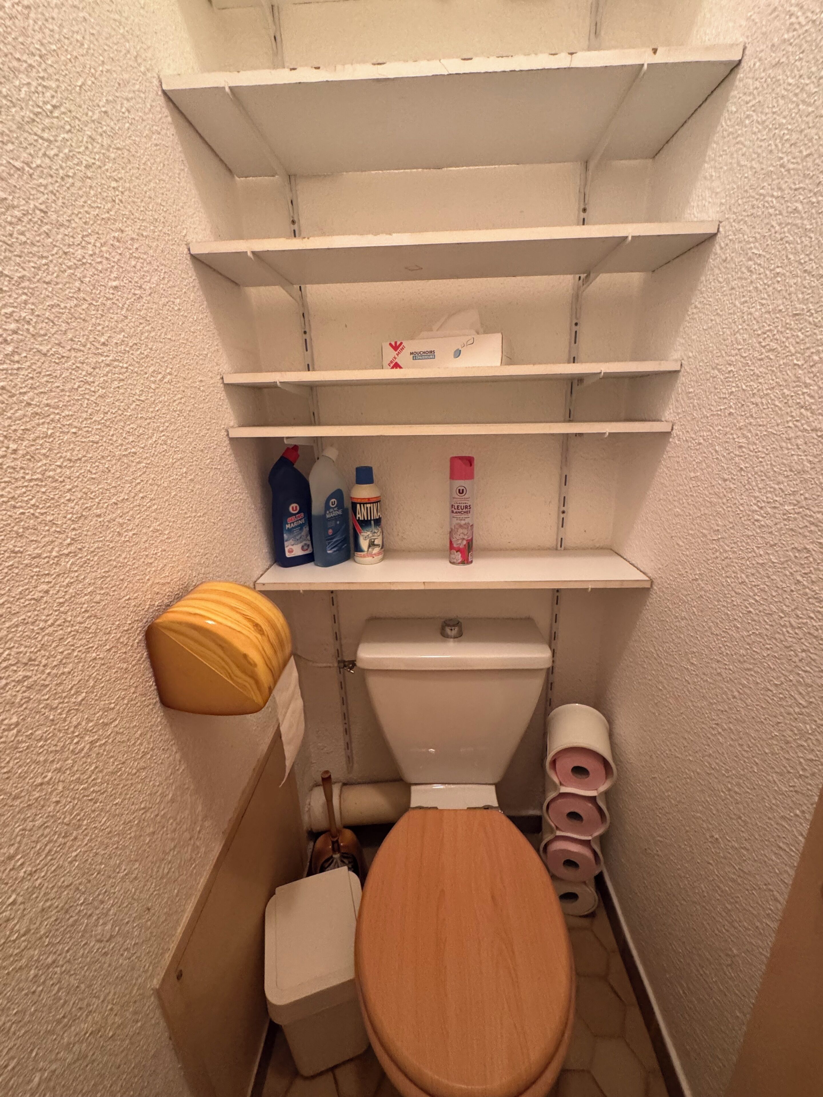 Pieni kylpyhuone, jossa on wc, hyllyjä siivoustarvikkeille ja puinen wc-istuimen kansi.