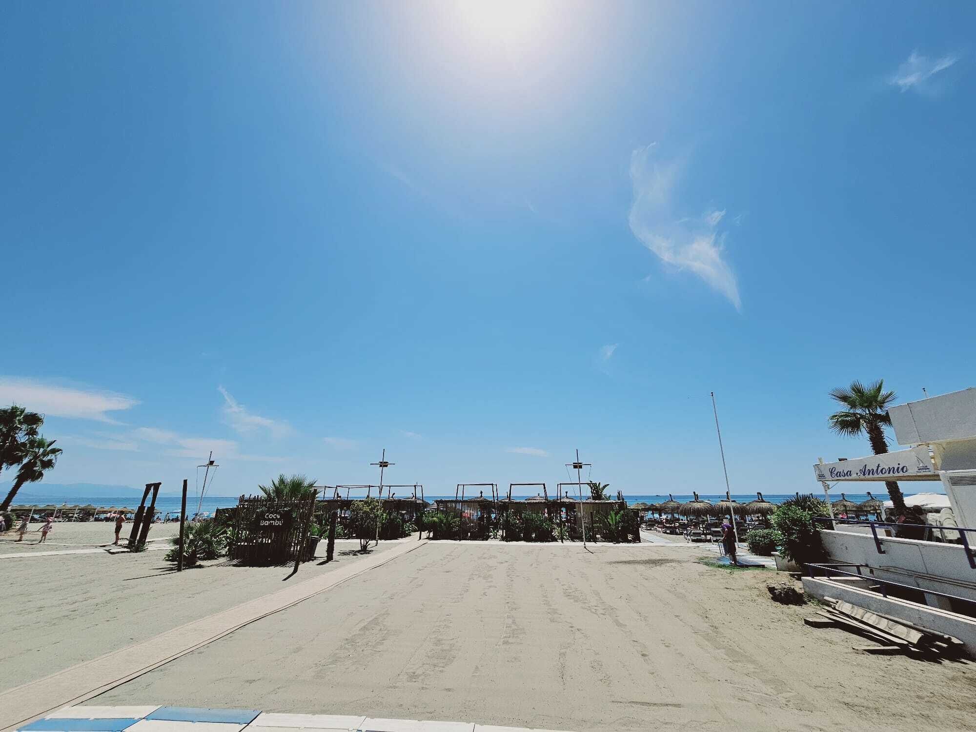 A beach with a clear sky, palm trees, and a sign for 'Casa Antonio'.
