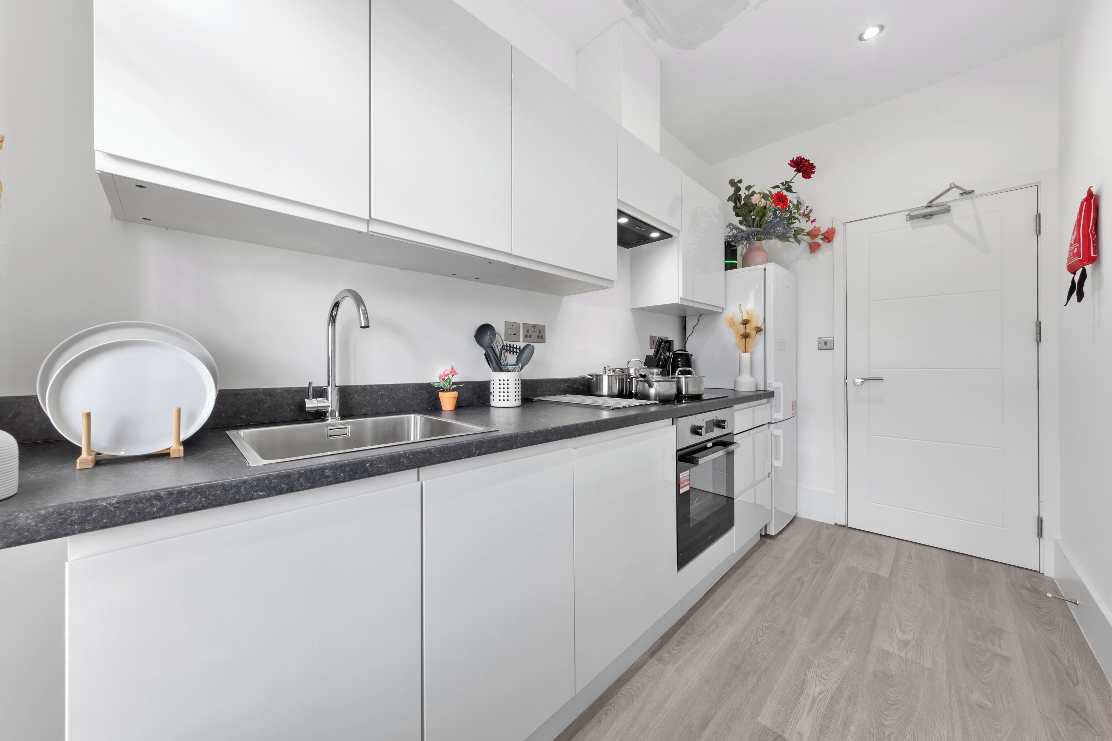 Fridge, oven, stovetop, electric kettle