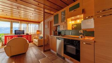 Een moderne keuken met houten kastjes, een vaatwasser en een fornuis. In de woonkamer staat een televisie, met uitzicht op bergen door het raam.