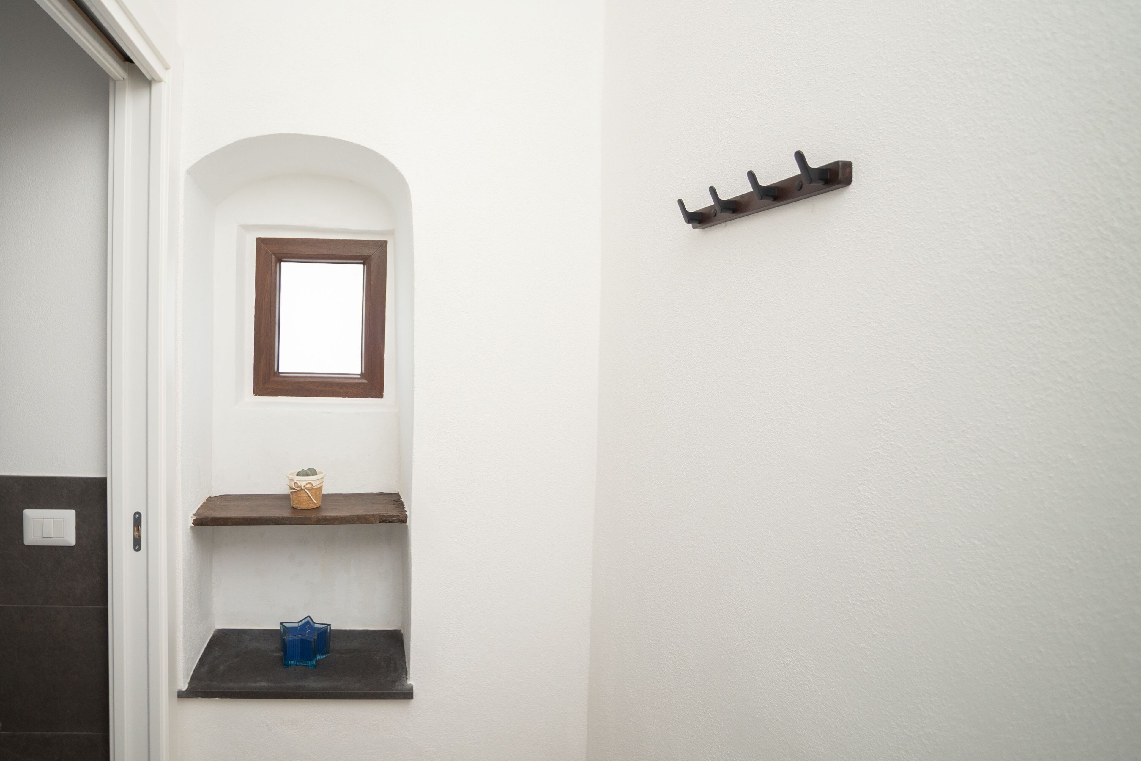 Ein Badezimmer mit weißer Wand, einem Fenster, einem Regal mit einer Pflanze und einem Kleiderhaken.