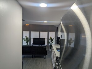 Ein modernes Wohnzimmer mit Fernseher, einer Couch und zwei Blumentöpfen.