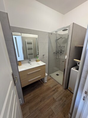 Douche, sèche-cheveux, serviettes fournies, papier toilette