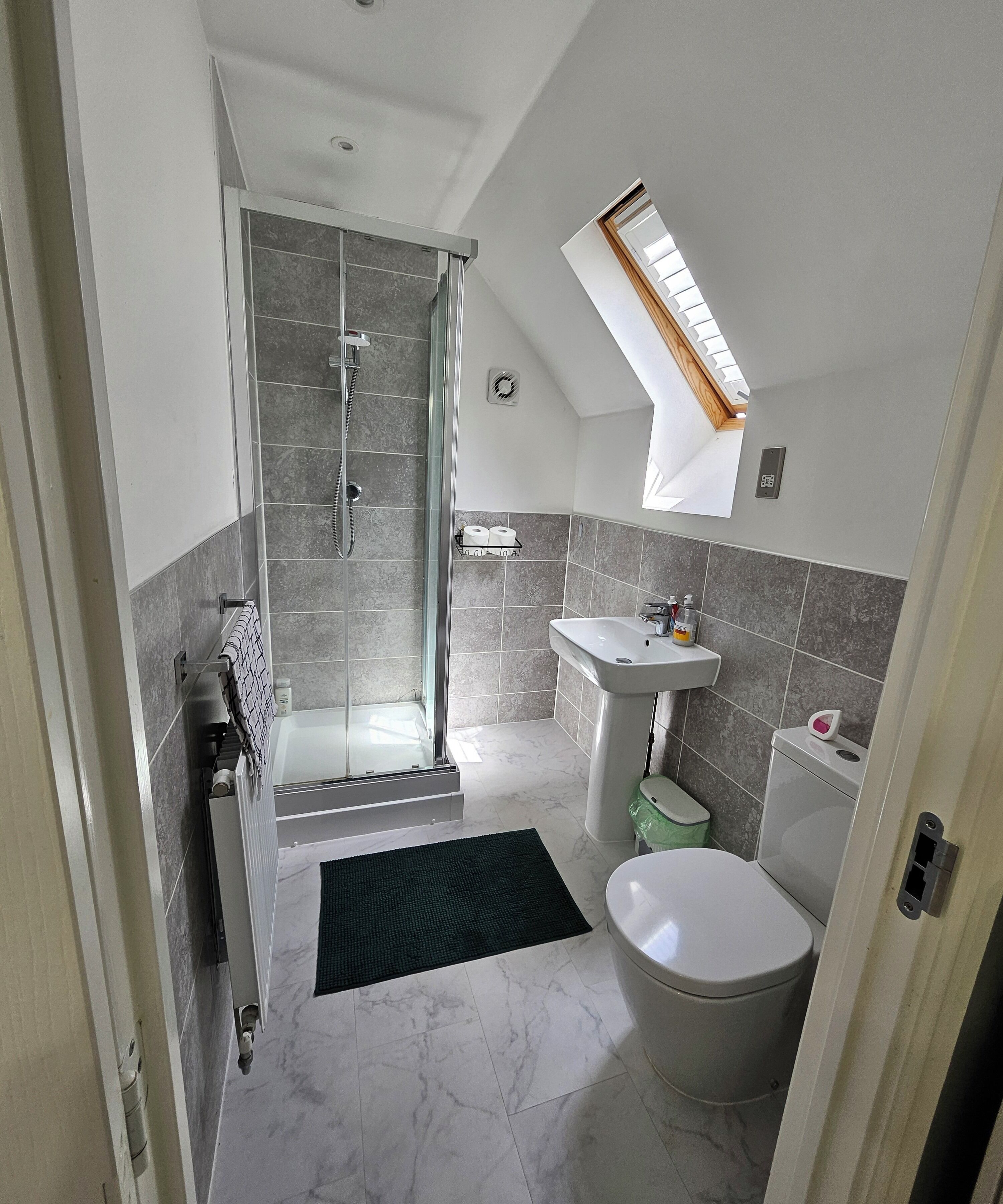 Shower, hair dryer, soap, toilet paper
