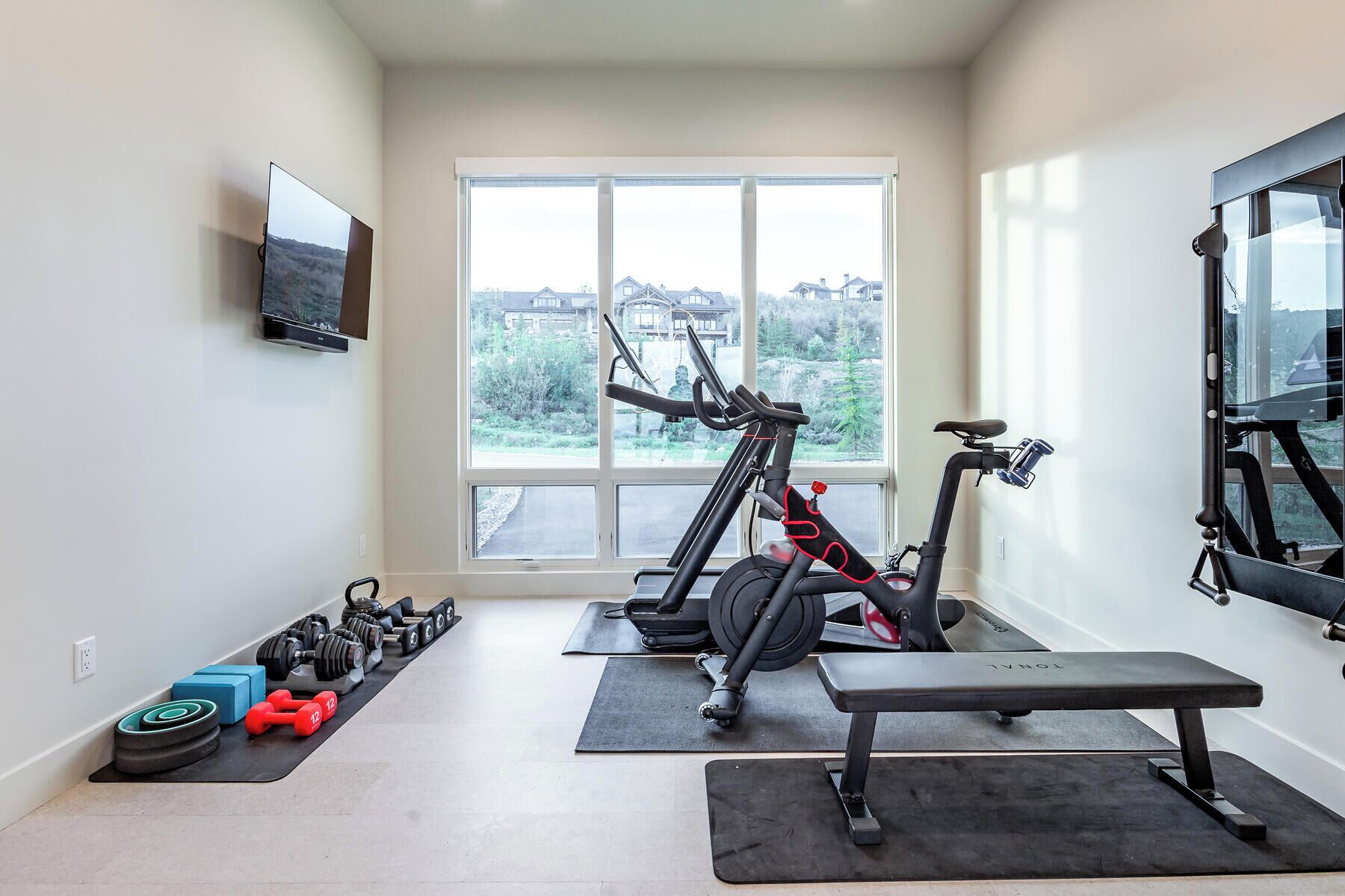 A home gym with exercise equipment, a TV, and a large window with a view.