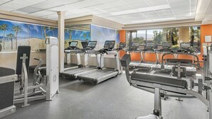 Un gimnasio con cintas de correr, máquinas de pesas y colchonetas de ejercicio.