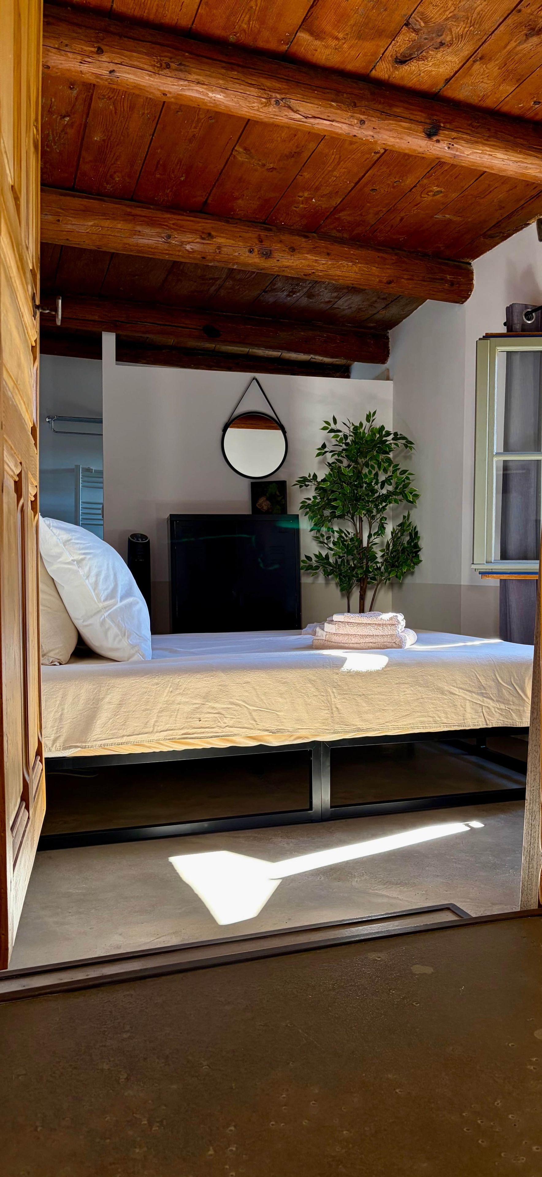 Una cama con colchón blanco, una sola almohada y una pequeña planta en maceta a su lado.