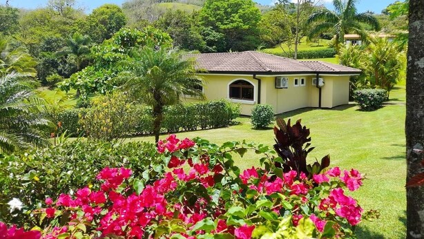 Une maison avec un toit en tuiles, entourée d’une végétation luxuriante et de plantes en fleurs.