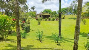 Une maison entourée d’une pelouse bien entretenue et d’une végétation tropicale.