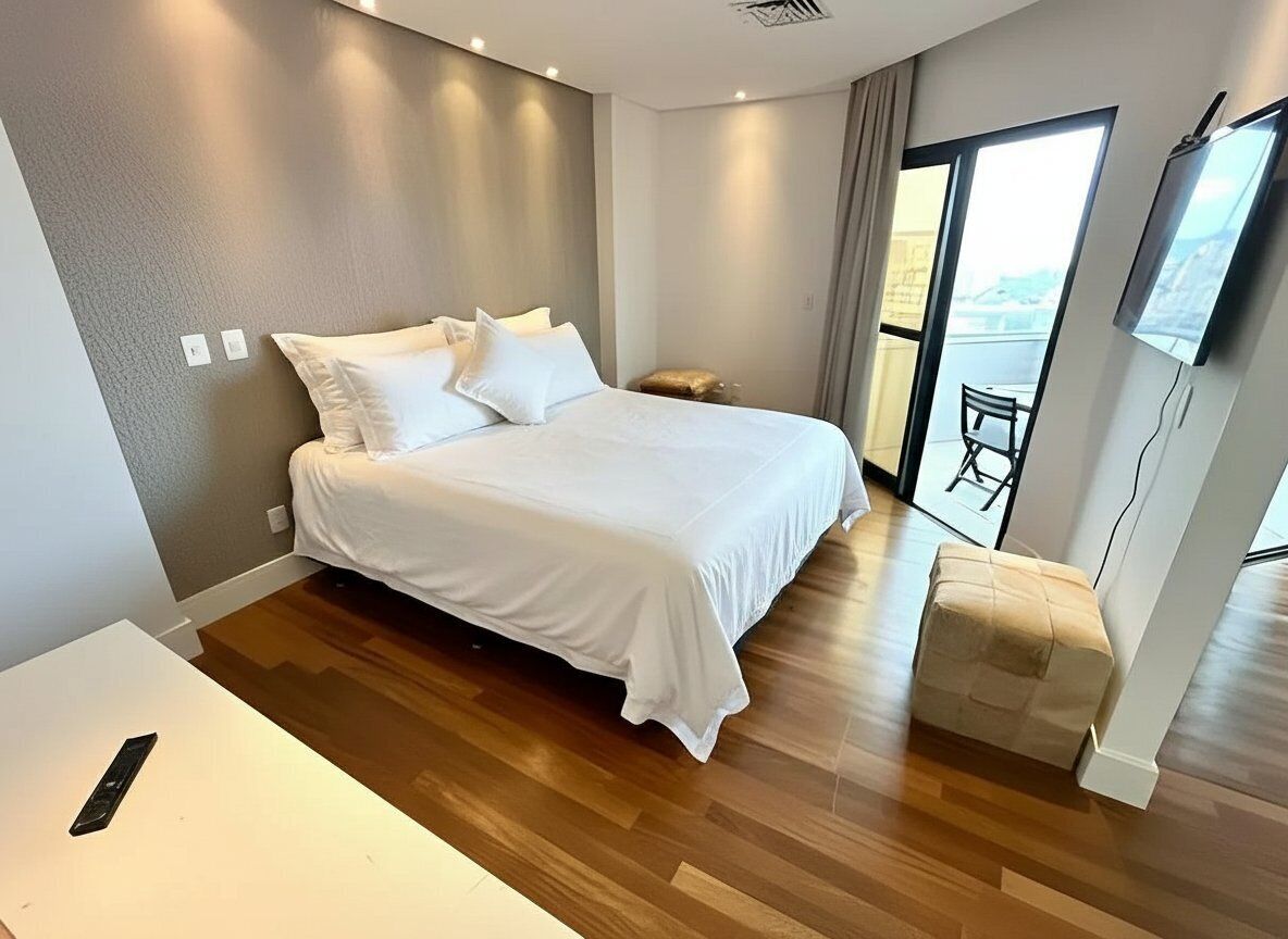 Una habitación de hotel moderna con una cama grande, un pequeño rincón de descanso y un balcón con vistas.