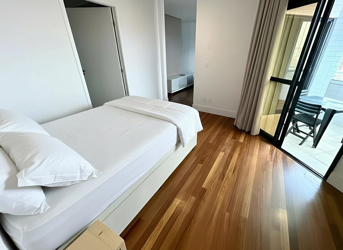 A modern hotel room with a wooden floor, a bed with white linens, a sliding door, and a view through a glass door.