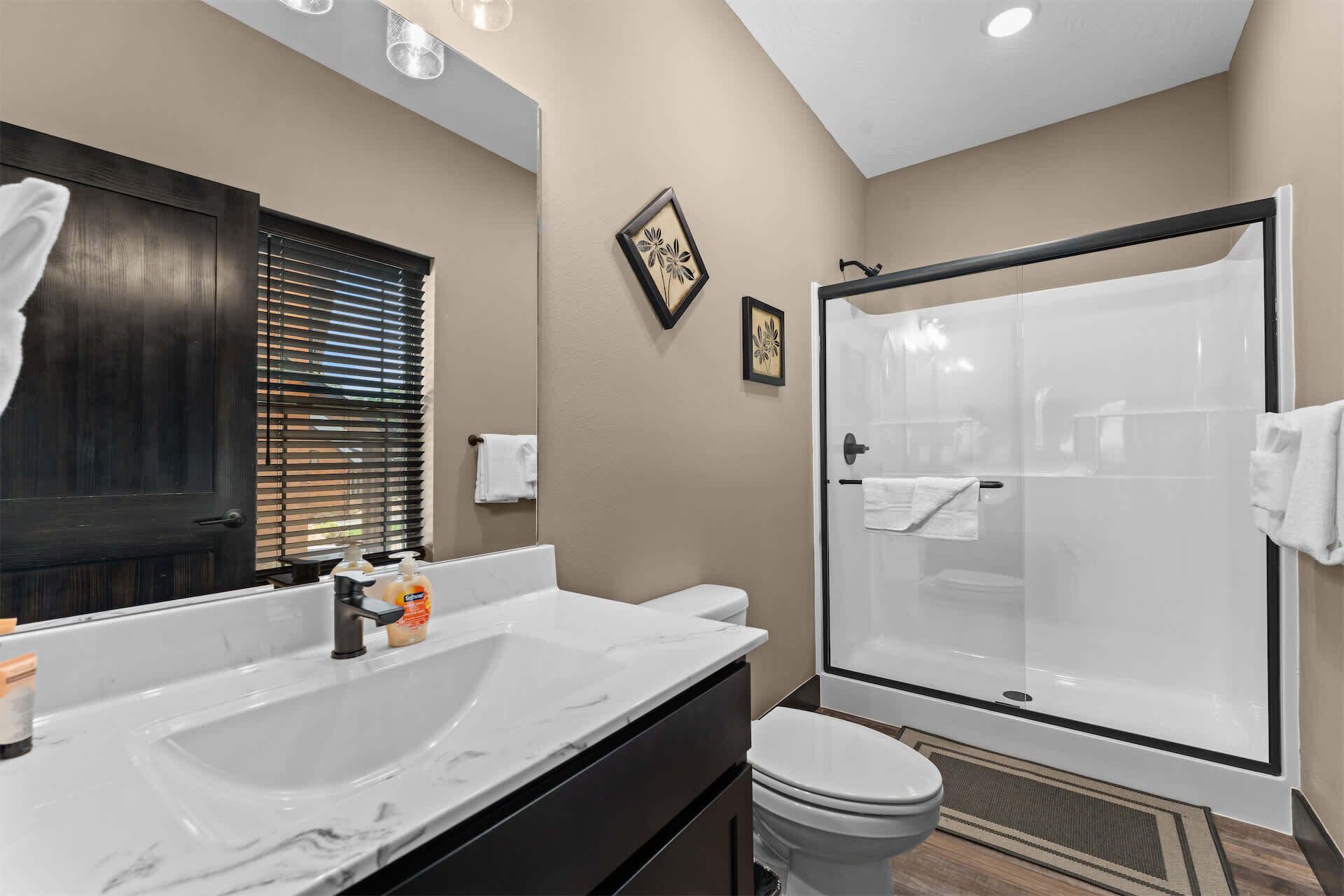 A bathroom with a large sink, toilet, and walk-in shower.