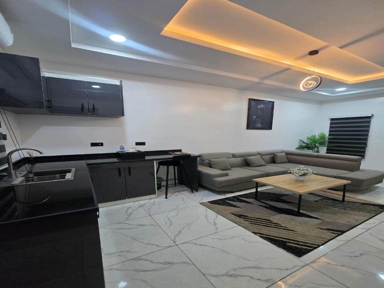 A modern living room with a sofa, a coffee table, and a kitchen area with cabinets and a sink.