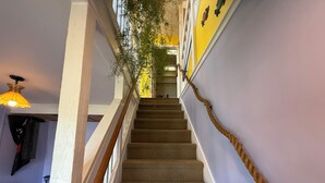 A staircase with a wooden handrail, carpeted steps, and a wall-mounted rope handrail.