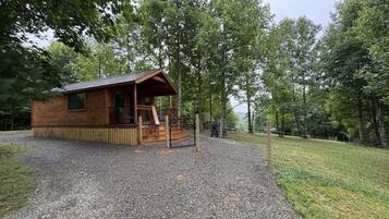 Een houten hut met veranda, omringd door bomen en grind.