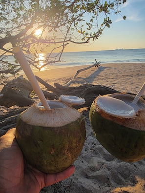 Zwei Kokosnüsse mit Trinkhalmen an einem sandigen Strand, im Hintergrund ein Sonnenuntergang.