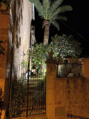A nighttime view of a courtyard with a palm tree, a metal gate, and a building with stone walls. - Bright Village apartment, wrap around mountain views in Fornalutx.HighspeedWIFI (fornalutx)
