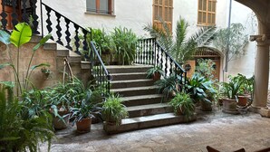 Eine Treppe, umgeben von Blumentöpfen, die zu einem Hauseingang führt.