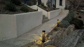 A modern building with a concrete pathway leading to the entrance, surrounded by landscaped areas and a stone retaining wall.