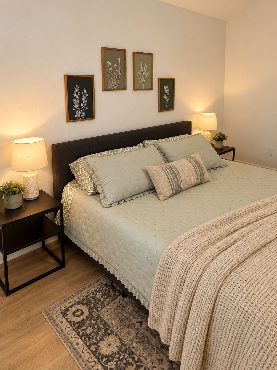 A bedroom with a bed, two bedside tables, a nightstand, a rug, and wall-mounted artwork.