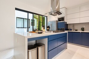 A modern kitchen with a central island, stainless steel appliances, and a view of greenery outside. - Private La Roma House with Rooftop and Fire Pit (Ciudad de México)